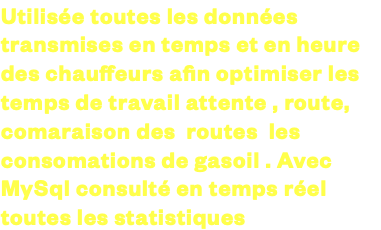 Utilisée toutes les données transmises en temps et en heure des chauffeurs afin optimiser les temps de travail attente , route, comaraison des routes les consomations de gasoil . Avec MySql consulté en temps réel toutes les statistiques 